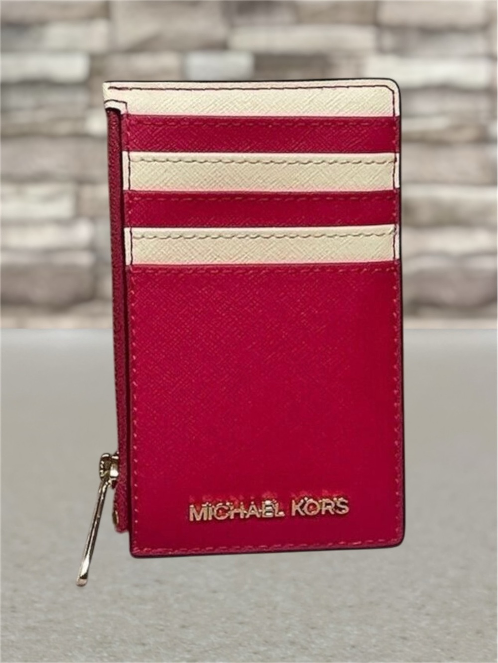 Michael Kors Card Case Wallet Top Zip Slim Electric Pink & White